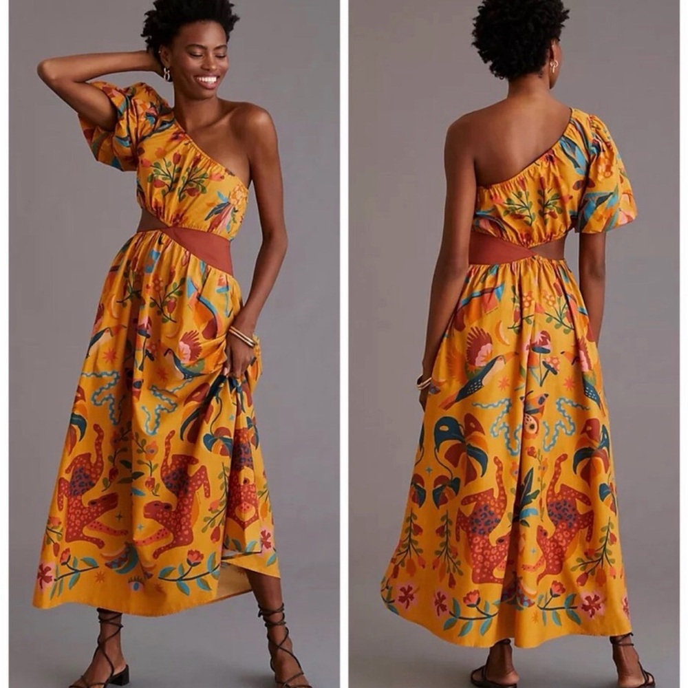 FARM Rio One Shoulder Dress in Vibrant Yellow and Red